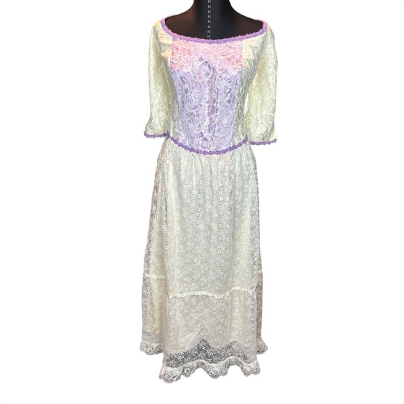 Dresses & Skirts - Vintage Cream Lace Purple Trim Fairycore Cottagecore Romantic Boho Prairie Dress